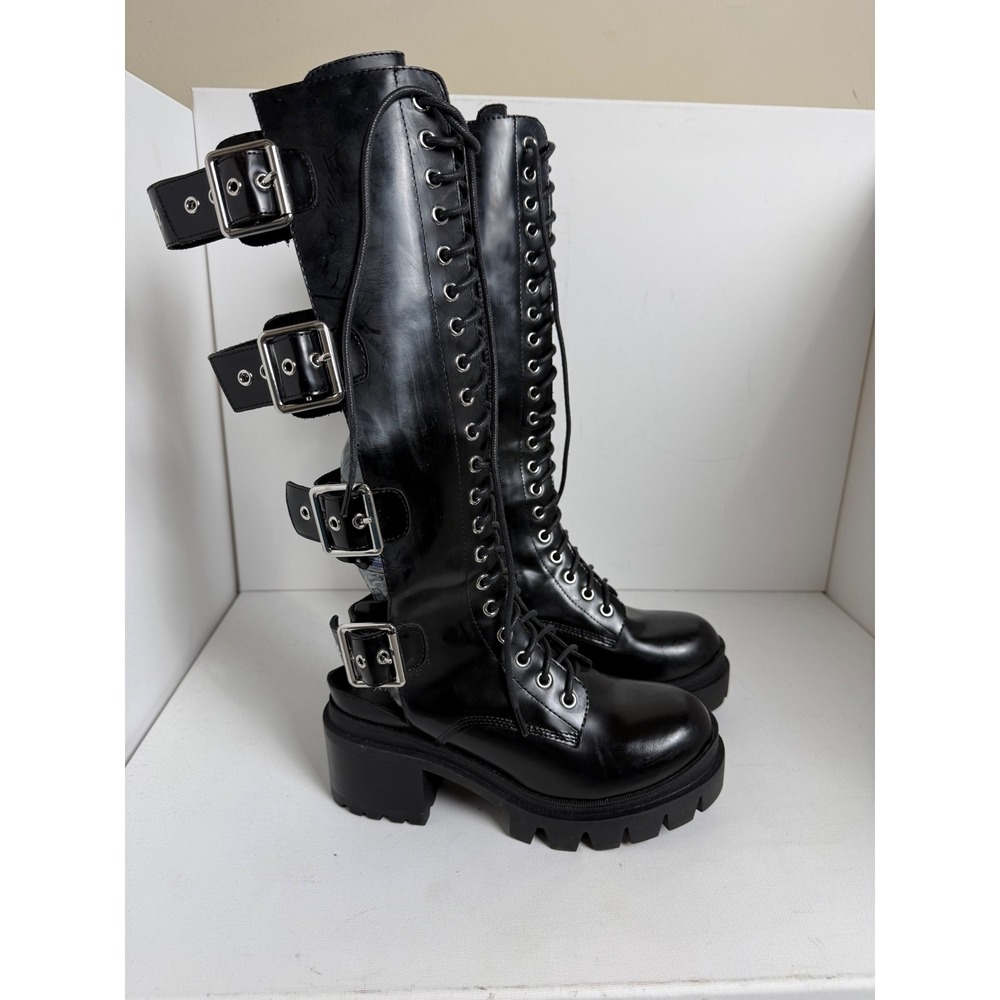 Jeffrey Campbell Tank Girl Boots Womens 7M Black Leather Buckle Combat Grunge